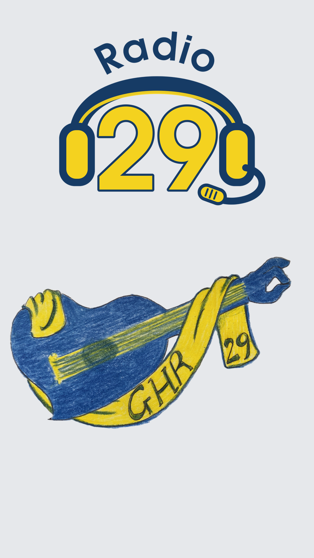 Copertina di Radio 29: il numero 29 con cuffie e microfono sopra una chitarra blu e gialla con la scritta GHR 29
